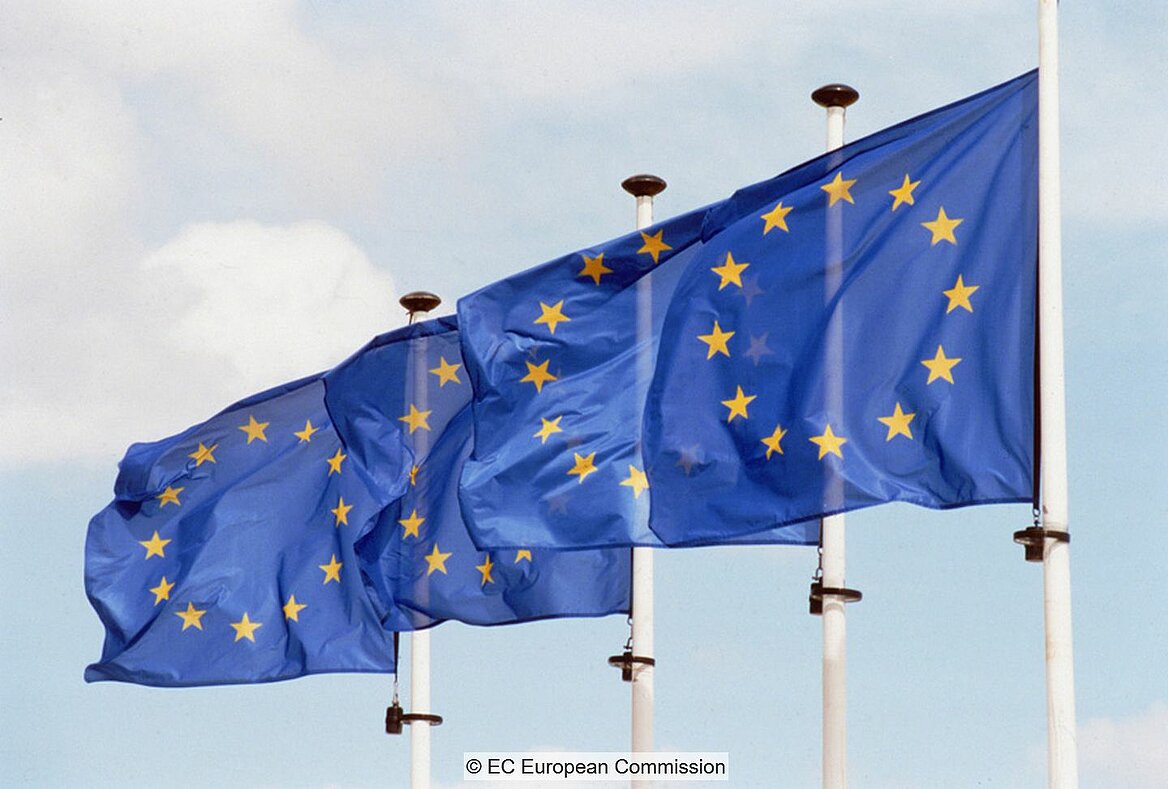 EU flags before blue sky