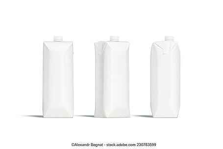 3d computer rendering of three white beverage cartons with white caps