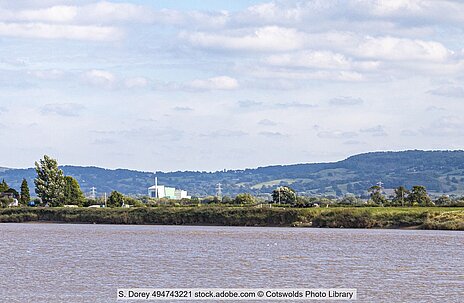 View of the Javelin Park waste incineration plant in the west of England, with the River Severn in the foreground