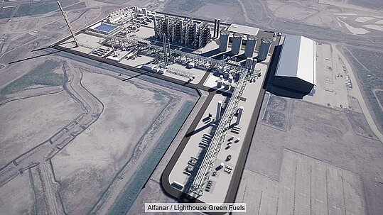 3D Rendering of Alfanar's planned sustainable aviation fuel plant in Teesside, UK