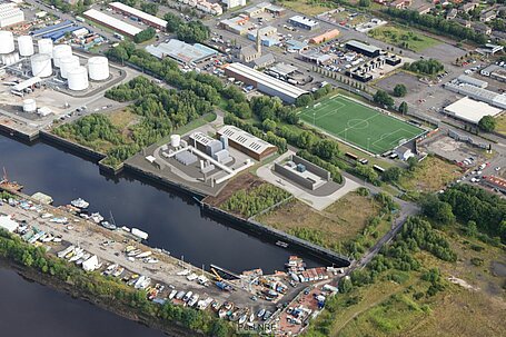 Artist's impression of Peel's planned waste plastic to hydrogen at Rothesay Dock on the north bank of the River Clyde in West Dunbartonshire