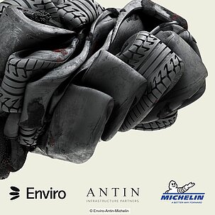Pile of waste tyres on a light background, with the logos of Enviro, Antin Infrastructure and Michelin underneath