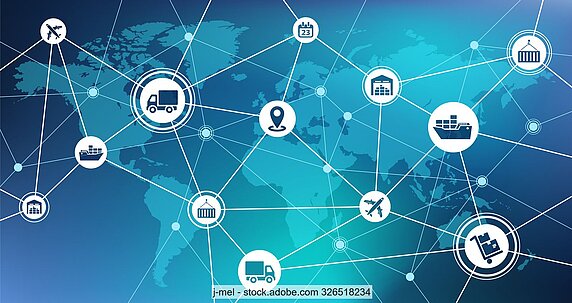 Stock illustration for international trade, a network of transport symbols in white against the background of a blue world map.