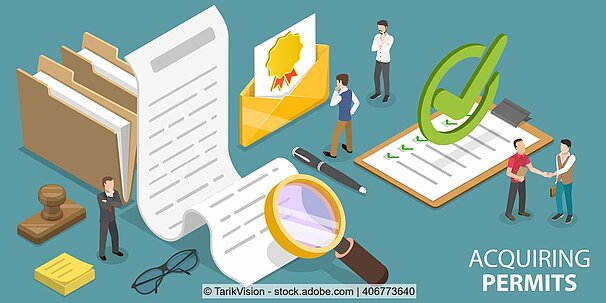 Representative image for permitting, magnifying glass over a printed paage, file folders, a green check and circle