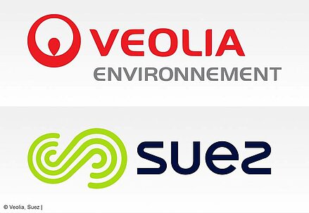 Symbolic image with Veolia's logo in the top half and Suez's logo in the bottom half.