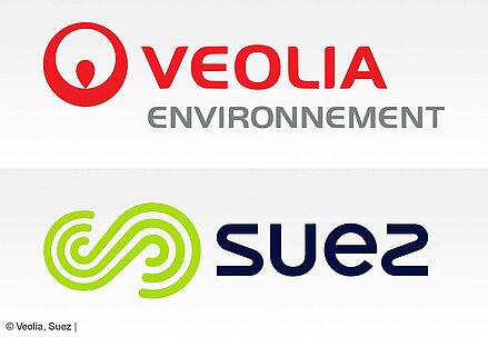 Veolia's logo in upper half, Suez's logo in lower half.