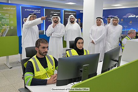 Sheikh Hamdan bin Mohammed Al Maktoum standing second from left at the opening ceremony for the first phase of hte Warsan waste to energy centre in Dubai