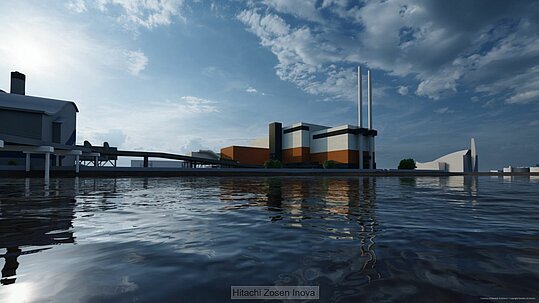Artist's impression of Cory's Riverside 2 Energy from Waste Plant from the Thames