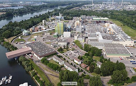 Aerial view of the paper mill located in Maxau, Germany
