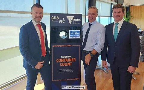 Left to right: Tor Eirik Knutsen, TOMRA Collection Pacific CEO; Mark Schubert, Cleanaway CEO; James Dorney, TOMRA Cleanaway CEO