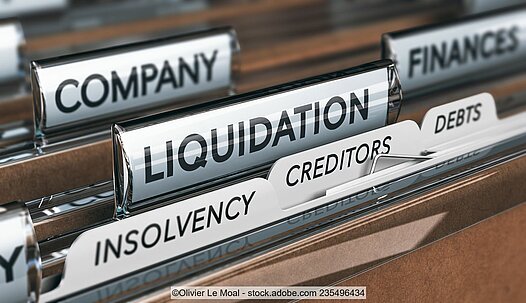 symbolic image of file folders with liquidation, company, insolvency, debts tabs