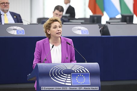 MEP Nicola Beer (Renew Europe) during the plenary debate on the EU Raw Materials Act in mid-September 2023 in Strasbourg.