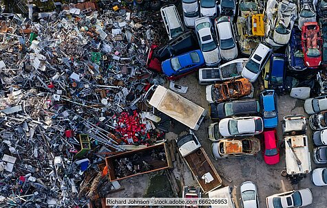 arael photo of a scrapyard in the UK, non-ferrous scrap piled next to end-of-life vehicles