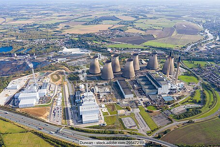 Areal view of Ferrybridge power station, UK, with the multifuel plants in the left and middle foreground