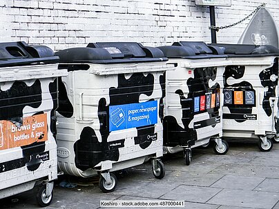 Several 1100 litre wheeled bins for collecting recyclables. All bins are painted in a black and white cow pattern. A large blue sign on the second bin from the left reads "Paper, newspaper and magazines"