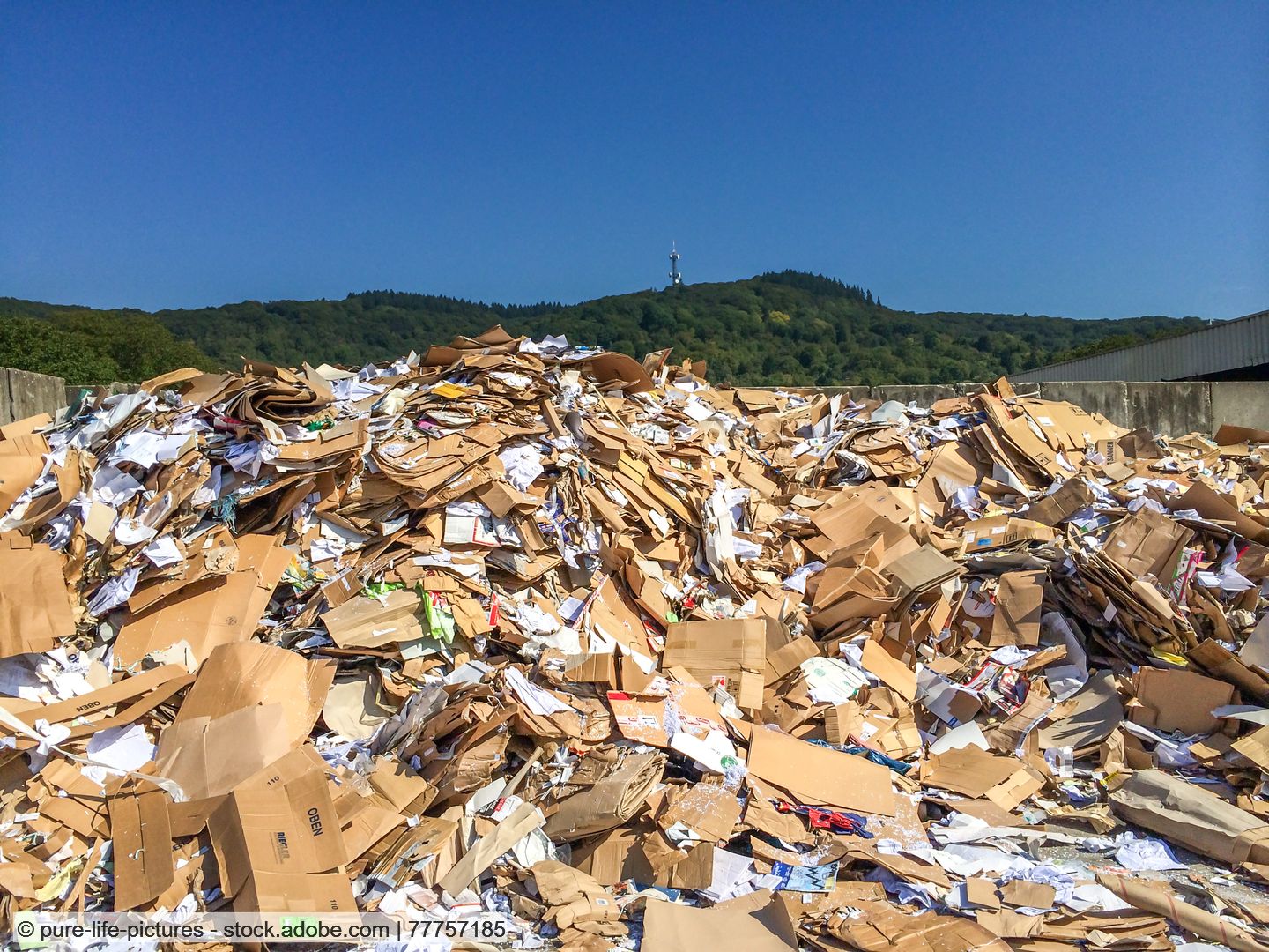 Pile of reccovered paper and paperboard against a backgorund of green hills and blue sky