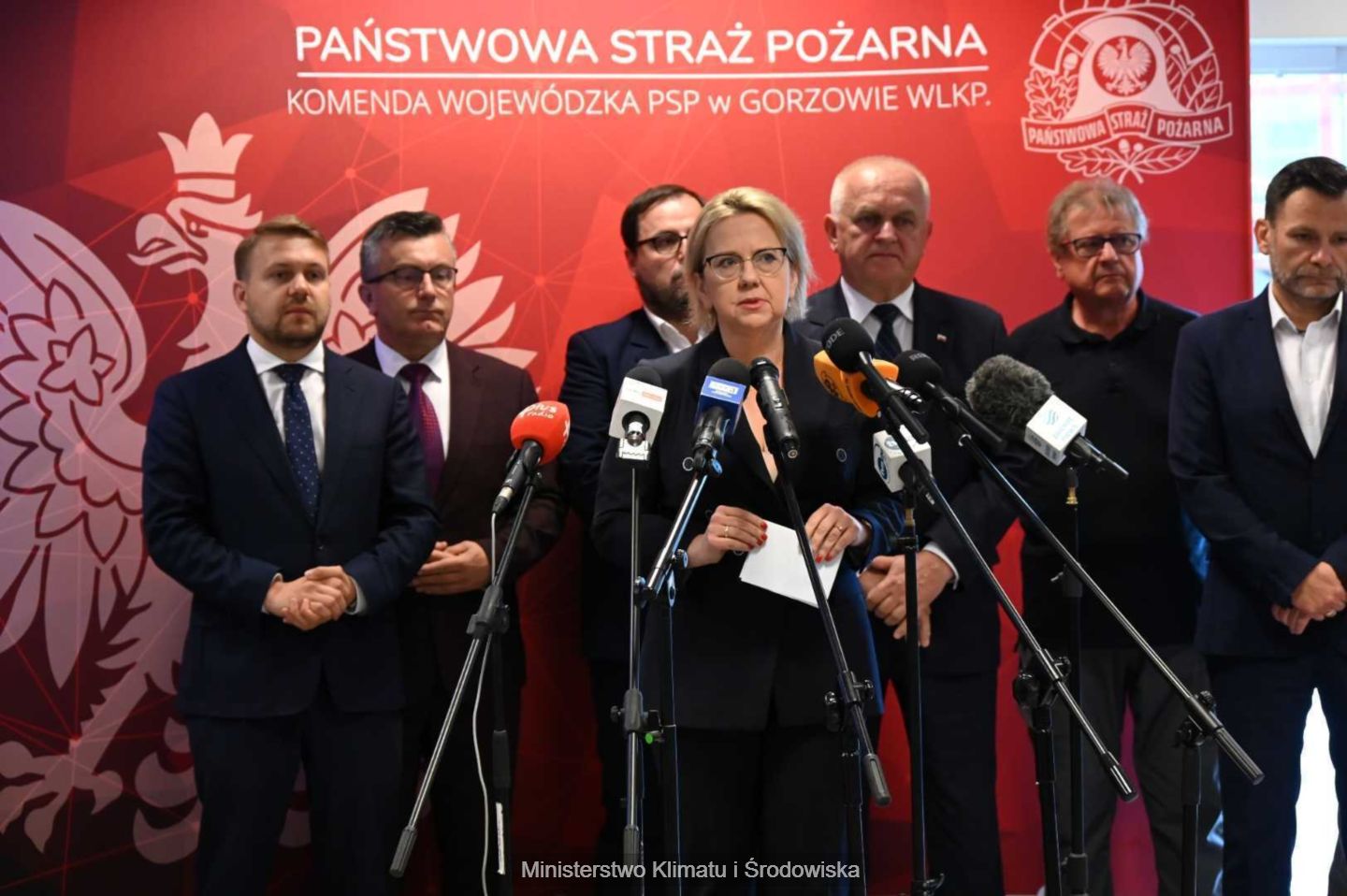 Polish environment minister Anna Moskwa speaks earlier this month at a press conference in Zielona Góra near the site of a July waste fire.