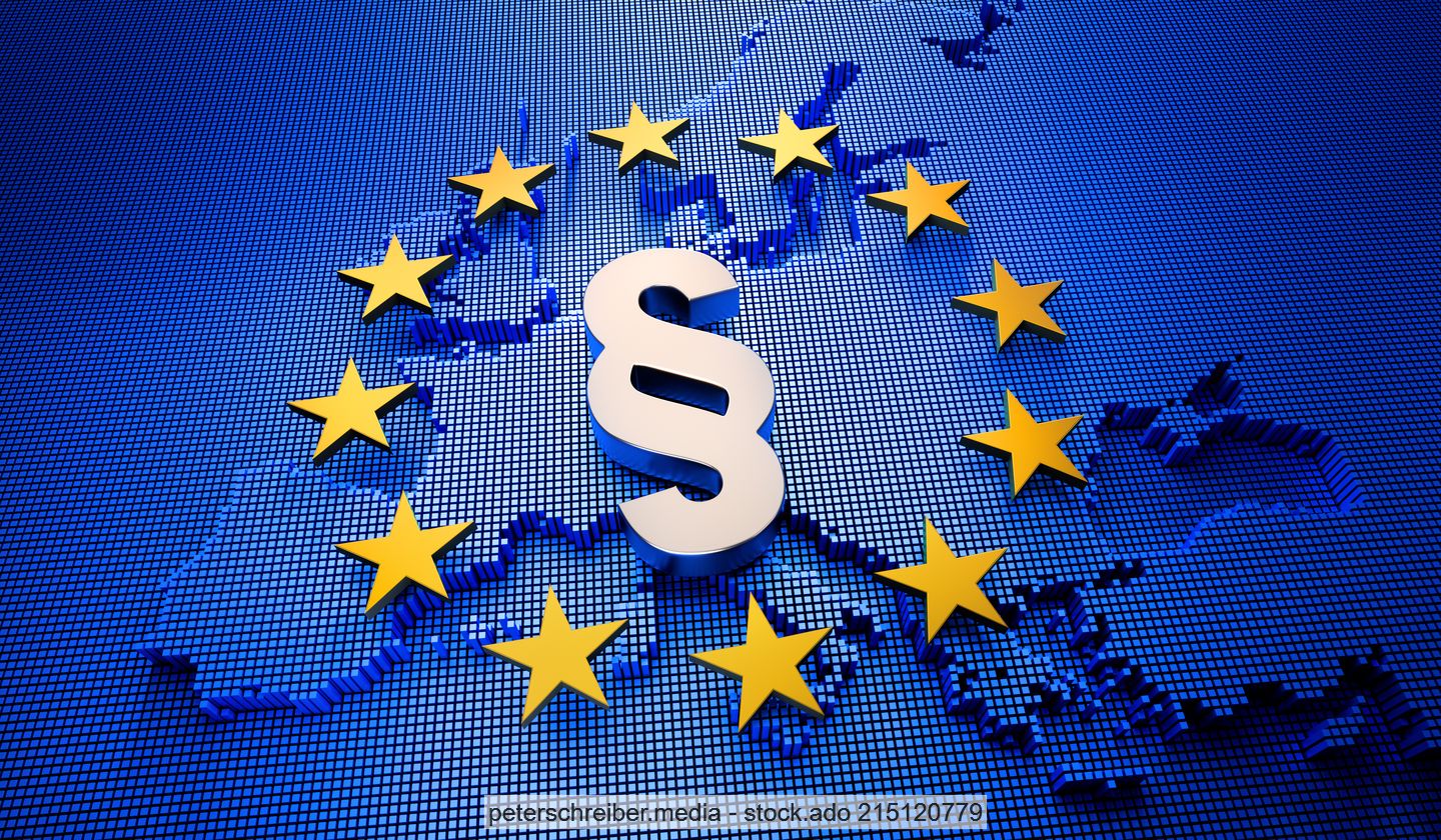 Section symbol against a backdrop of the EU flag overlain on a map of Europe, stock image