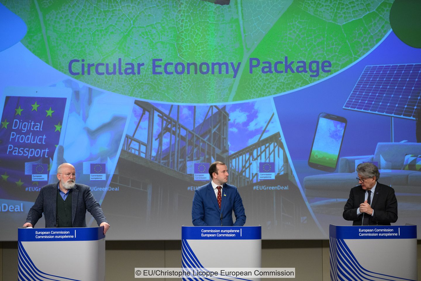EU Commissioners Frans Timmermans, Virginius Sinkevicius and Thierry Breton presenting the circular economy package in Brussels.