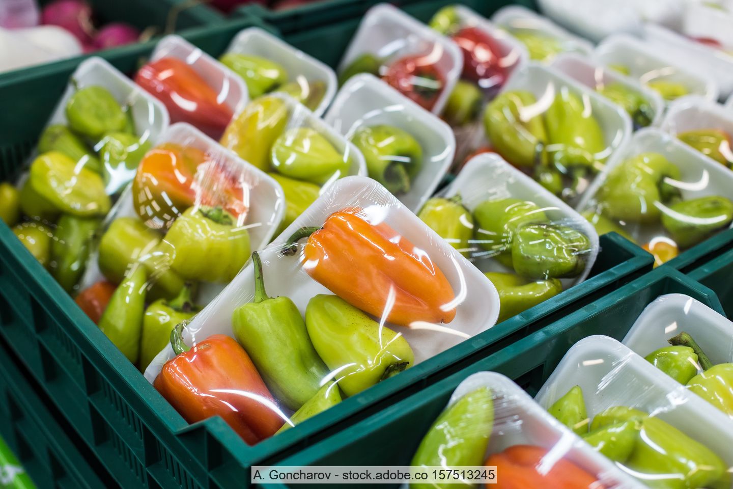 Red and green bell peppers in plastic tray packaging with stretch film