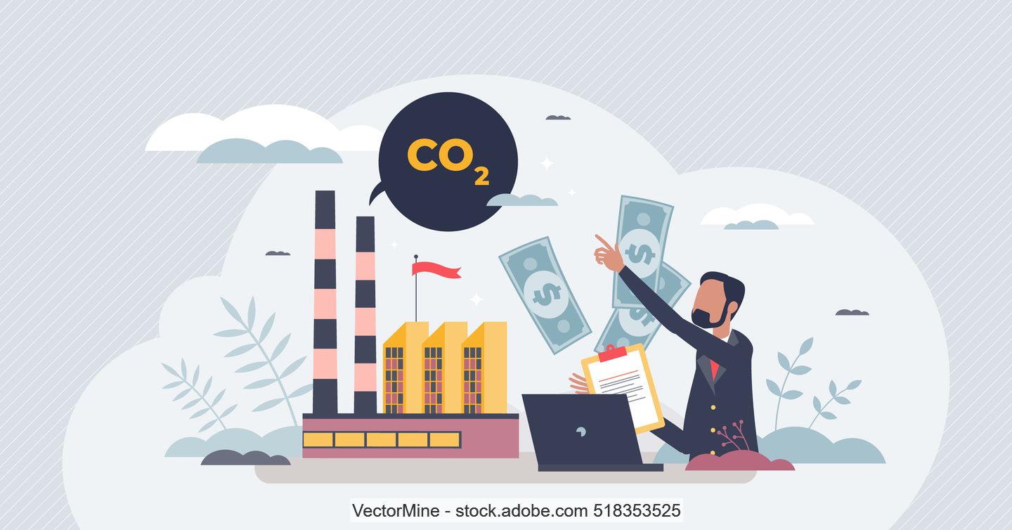 computer graphic representing CO2 emissions trading with chimneys and dollar bills