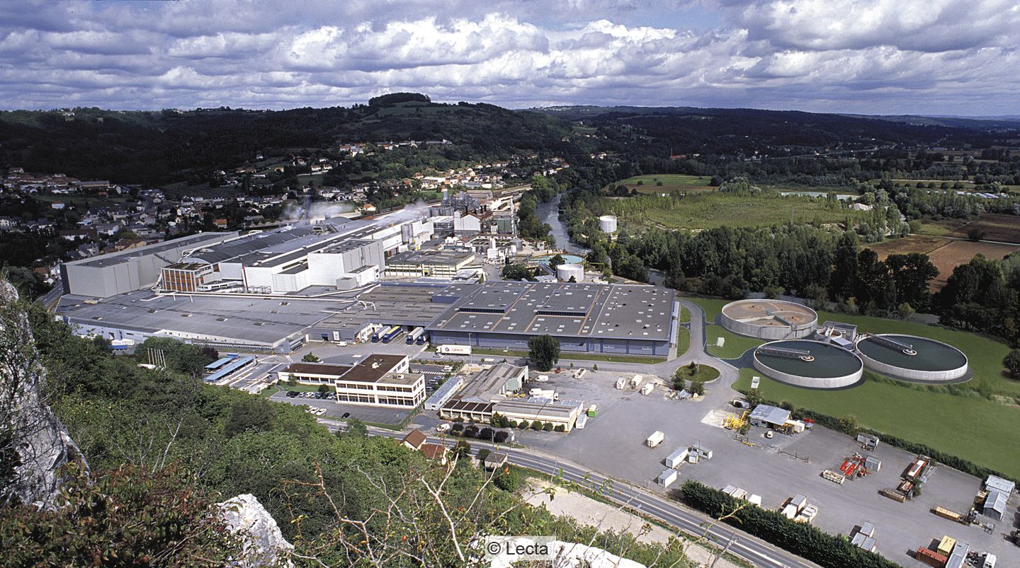 Aerial view of Lecta's mill located in Condat in central France