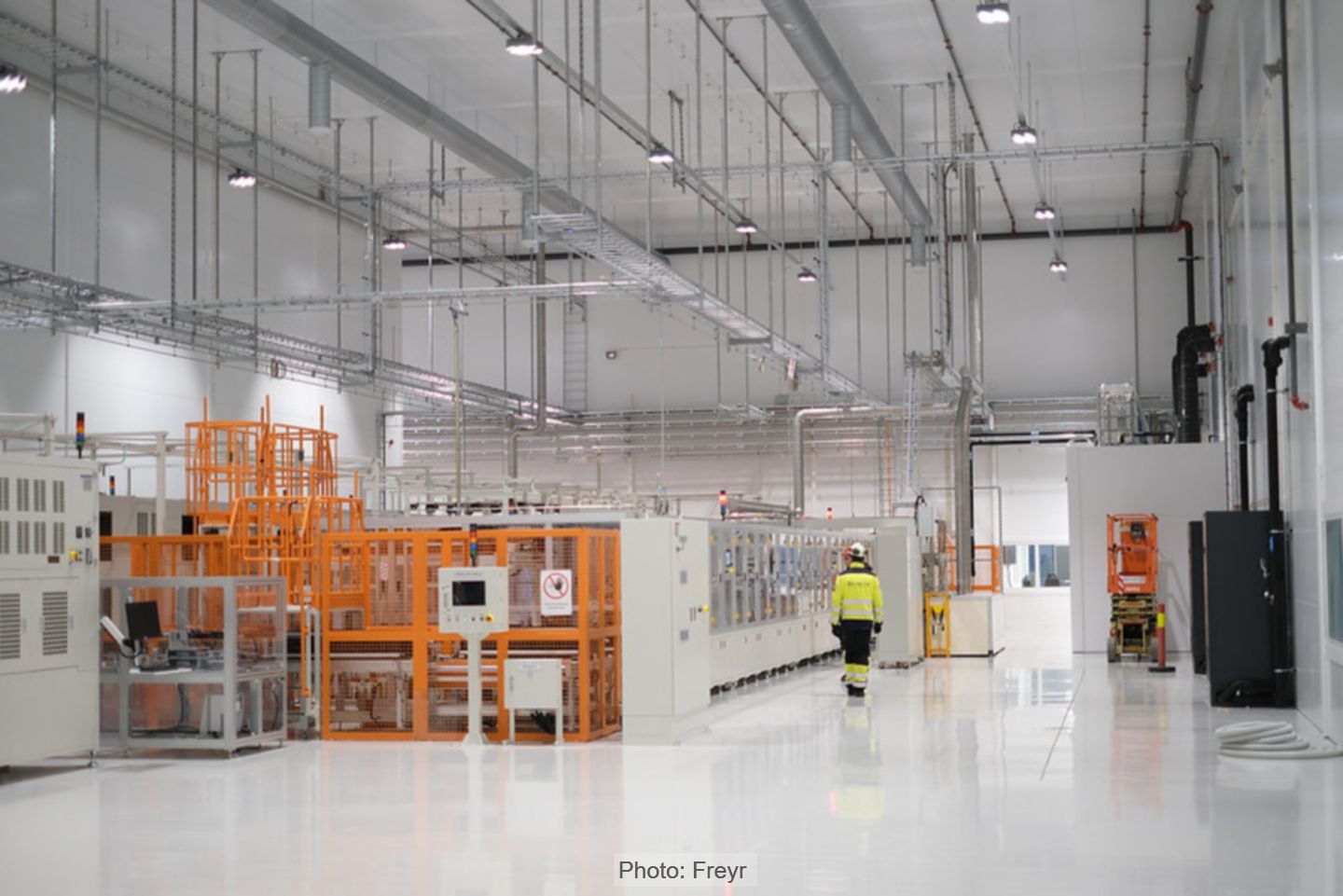 Photo of the lithium-ion battery cell production line at Freyr Battery's "customer qualification plant" (CQP) in Mo i Rana in northern Norway.