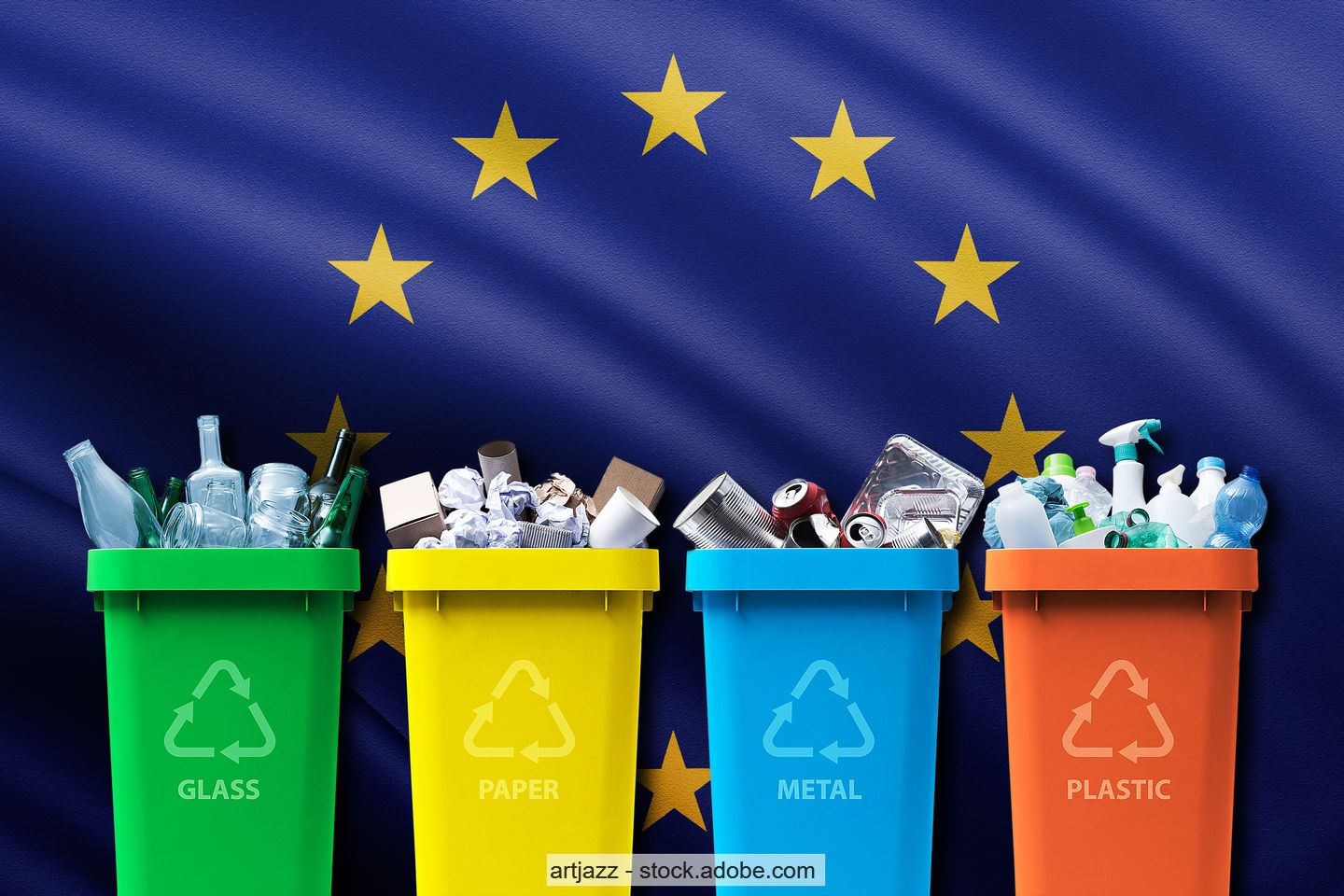 Four coloured bins with different packaging waste with a European flag in the background