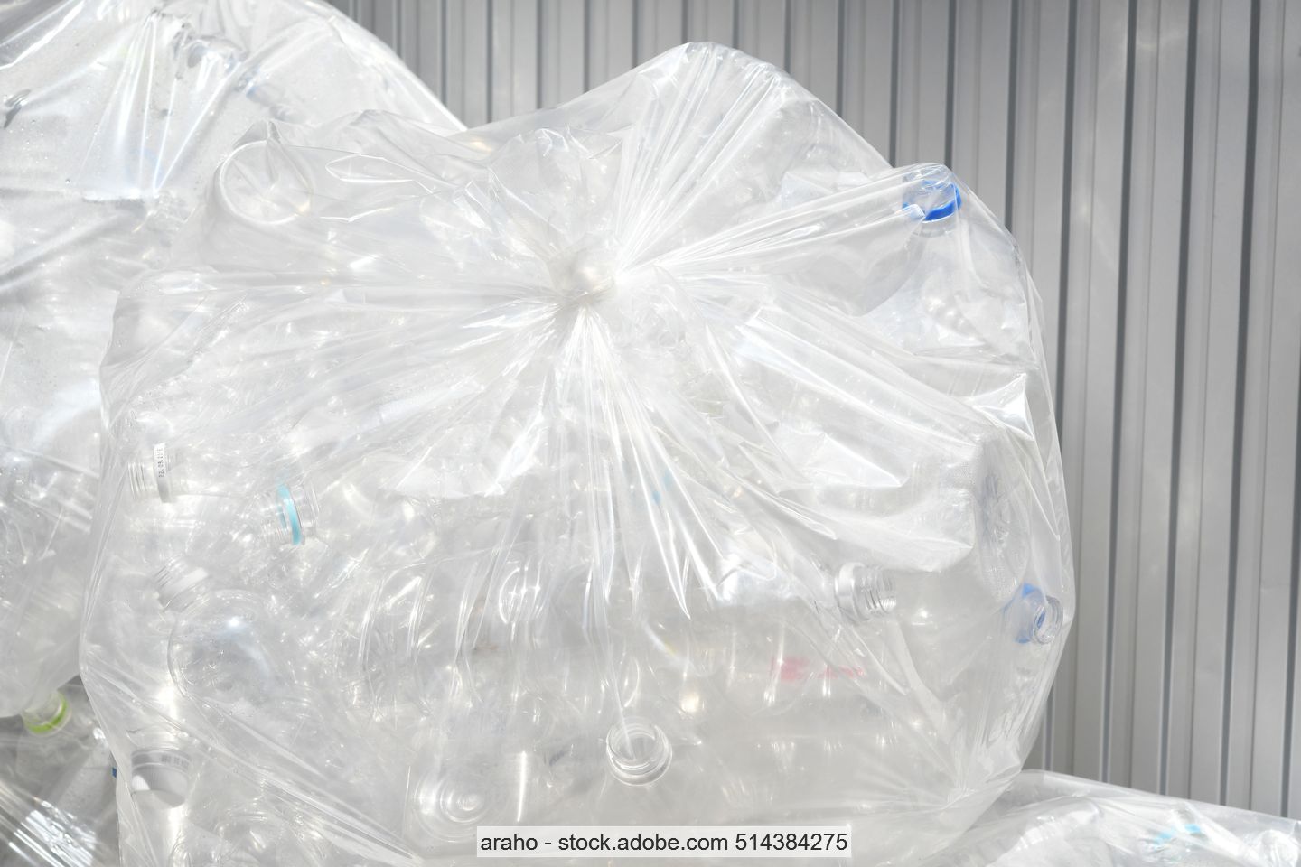 Two large transparent plastic bags containing empty clear PET bottles.