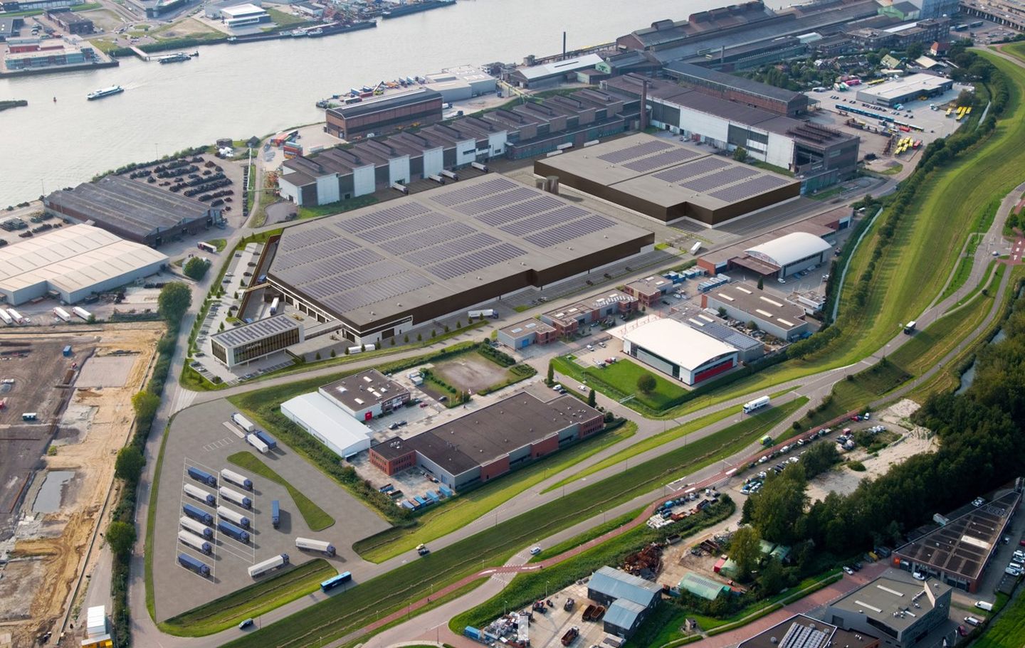 Artist's impression showing an aerial view of Peute Group's planned new site at the terminal of Rotterdam East in Alblasserdam 