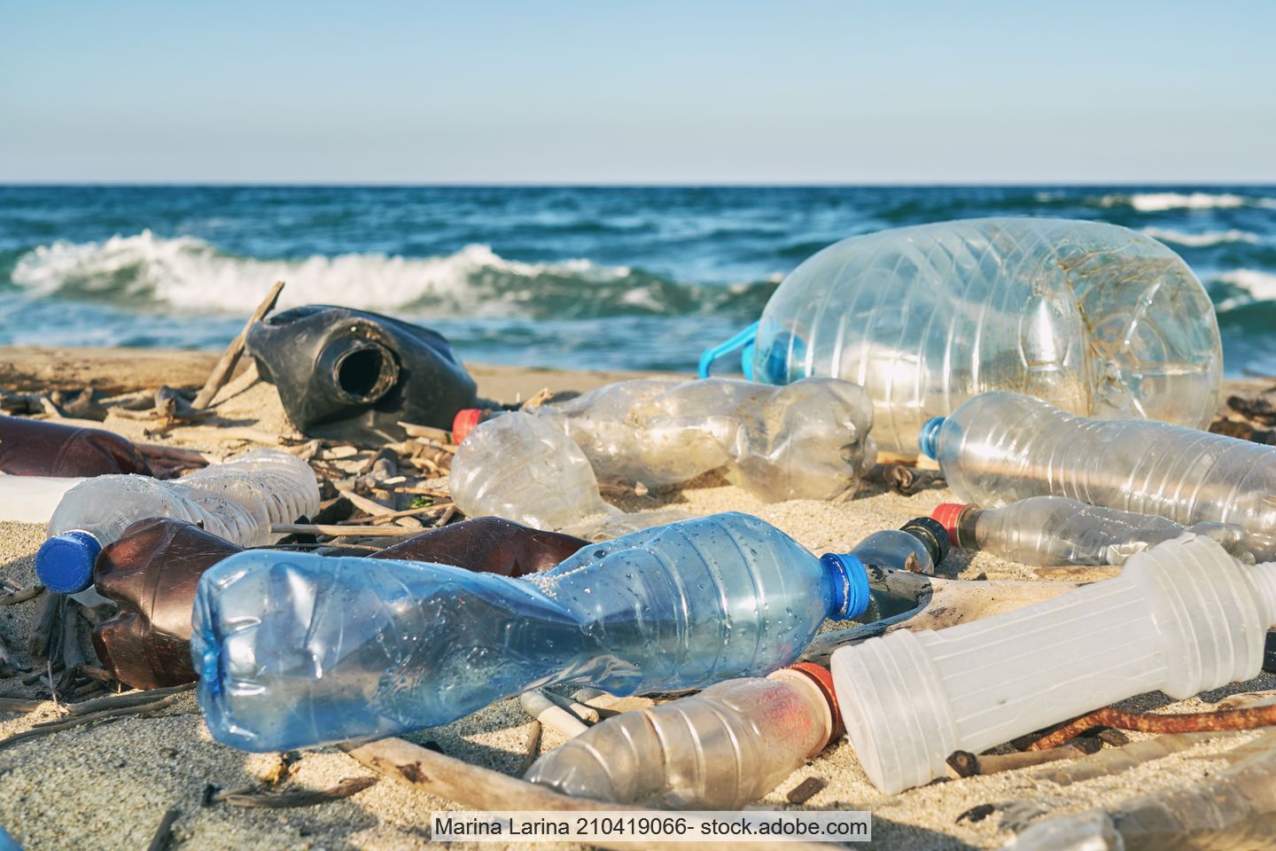 Stock photo of plastic bottles and other marine litter on a beach.