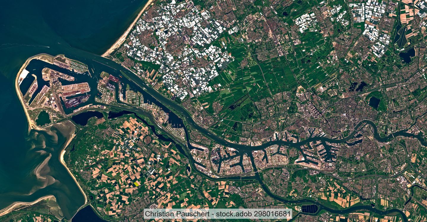 Satellite image of the port of Rotterdam in the Netherlands.