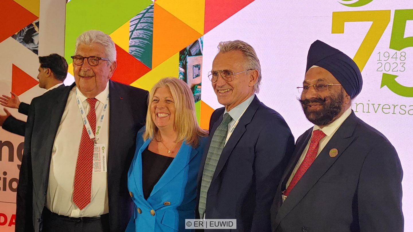 From left to right: Dominique Maguin (BIR President 2007-2011), Susie Burrage (newly elected BIR President), Tom Bird (BIR President 2019-2023), Ranjit Baxi (BIR President 2015-2019) on 23 May 2023 after the association's AGM at the Okura Hotel, Amsterdam. 