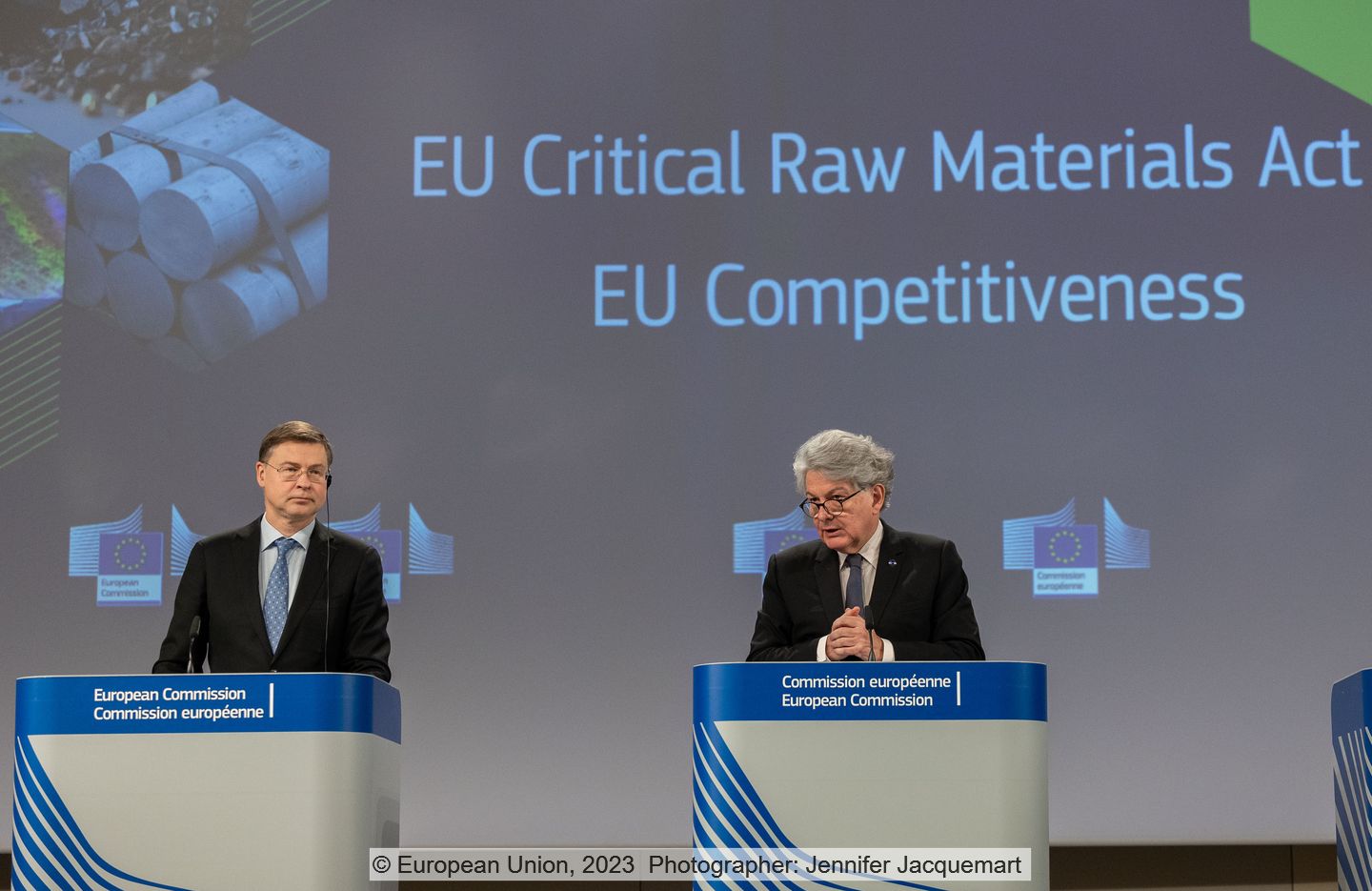 Valdis Dombrovskis and Thierry Breton at press conference in Brussels