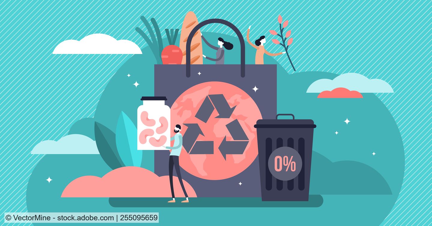 Graphic of shopping bags with recycling symbol, next to it a rubbishbin with "0 %" printed on it against a light green background.